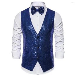 Men's Vests Bow-knot Men Glittery Waistcoat Stage Performance With Adjustable Strap Shiny Sequin Slim Fit V Neck Sequins Blazer