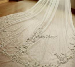 Graceful Charming Wedding veils One Layer Cathedral Length Crystal Beaded Sequins Bridal Veil Tulle Fingertip Length Lace Wedding 9665139