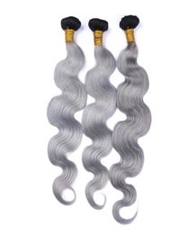 Black and Grey Ombre Brazilian Human Hair Weave Bundles Dark Root 3Pcs 1BSilver Grey Ombre Virgin Hair Wefts Body Wave Hair Exte7333717