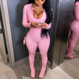 Suits Echoine Pink PU Leather Skinny Top and Flare Pants Hight Wasit Legging Two Piece Set Street Party Clubwear Sexy Bodycon Outfits