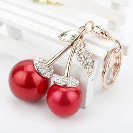 Keychains Dongsheng Red Cherry Leaves Pendent Rhinestone Crystal Key Holder Purse HandBag Car Ring Chain Women Gift Surprise