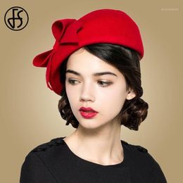 FS Elegant 100% Wool Felt Fedora White Black Ladies Red Hats Wedding Fascinators Women Bowknot Berets Caps Pillbox Hat Chapeau13000