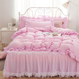 sets Princess Girl Pink Bedding Skirt Sheet With Lace Korean Solid Colour Bed Cover Pillowcase Decor Bedroom Wedding Couple Bedclothes