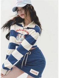 Suits Hikigawa Chic Fashion Women Y2k Sweet Cool Cartoon Cat Print Pullover Sweatshirts+Drawstring High Waist Mini Skirt 2 Set Mujer