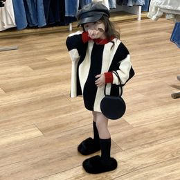 Jackets Children Clothing Girls Korean Style Contrast Colour Striped Sweater 2024 Autumn And Winter Fashionable Long Knitwear