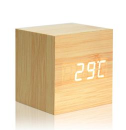 Digital Thermometer Wooden LED Alarm Clock Backlight Voice Control Wood Retro Glow Desktop Table Luminous Alarm Clocks2589958