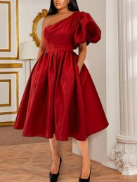 Dresses Aomei Party Dress Women One Shoulder Red Midi Pleated Robes Short Lantern Sleeve Fit and Flare Elastic Summer Big Size 4xl Gowns