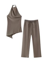 Willshela Women Fashion Two Piece Set Brown Pleated Halter Neck Tops Straight Pants Vintage Female Chic Lady Pants Suit 240304