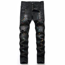 Black Trousers Regular Fit Hole Large Size Personality Trendy Pants European And American Jeans Denim Mens Elastic 240226