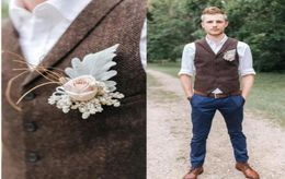 2019 Wedding Brown Wool Herringbone Tweed Vests Custom Made Groom Vest Slim Fit Mens Dress Suit Vest Prom Wedding Plus Size1015054