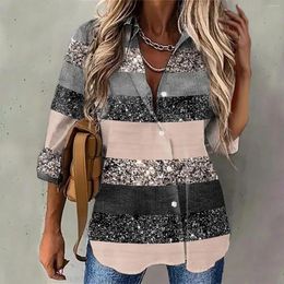 Women's Blouses Elegant Vintage Glitter Contrast Color Button Up Shirt Spring Fall Long Sleeve Office Lady Blouse Tunic Tops Blusas