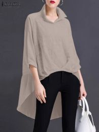 Blouse ZANZEA Elegant Women Casual Lapel Neck 3/4 Sleeve Shirt Fashion Solid Asymmetrical Hem Blouse Work OL Blusas Female Tunic Tops