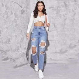 Women's Jeans Women Ripped Holes Straight Y2K Hole Washing High Waist 2024 Fashion Woman Plus Size Cotton Denim Pants