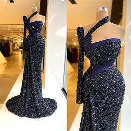 Stylish Shoulder One Evening Dresses Sequins Mermaid Prom Gowns Long Sleeve Sheer Neck Sheath Custom Made Formal Party Dress Plus Size