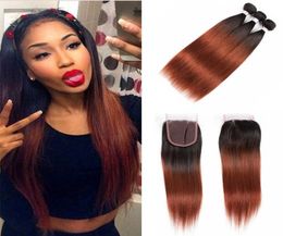 Ombre Coloured Two Tone Weave 1B33 Auburn Straight Hair Extensions Bundles with Lace Closure Unprocessed Virgin Human Hair Vendor5228283