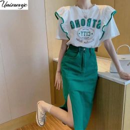 Suits Summer Women Twopiece Suit Loose Casual Print Tshirt High Waist Slit Denim Skirt 2 Piece Set Womens Outfits