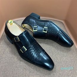 Wedding Dress Black Blue Real Cow Leather Monk Buckle Strap Pointed Toe Oxford Loafer Shoes