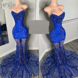 Sparkle Royal Blue Prom Dresses For Black Girls 2024 Beading Sequin Mermaid Party Gowns Sweetheart Vestidos De Fiesta Plus Size