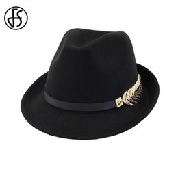 FS New Wool Felt Women Men Fedora Hat For Spring Autumn Elegant Lady Trilby Jazz Hats Panama Cap Black Curl Brim266z