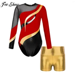 Stage Wear Kids Girls Ballet Latin Dance Leotard Skating Suit Shiny Rhinestones With Shorts For Gymnastics Athletics Workout