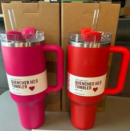 DHL 40oz Quencher Tumblers Cosmo Pink Parade Flamingo Target Red Stainless Steel Valentines Day Gift Cups with Silicone handle Lid And Straw Car mugs