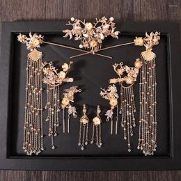 Necklace Earrings Set Butterfly Tassel Hair Combs Pearl Alloy Flower Chinese Style Crown Bridal Wedding Jewellery Stick