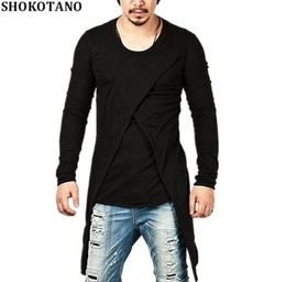 SHOKOTANO Men Super Stylish Cross Layered Tail Long T Shirt Solid Long Sleeve Tshirt Longline Swallow Hem Streetwear Tops Tee8183828