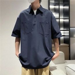 Soft Thin Summer Men Zipper Polo Fitted Short Sleeve Vintage T Shirt Korean Fashion Harajuku Oversized Plain Pockets Streetwear 240223