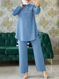 Clothing Ramadan Arab Women Eid Muslim Two Pieces Set Single Breasted Blouse & Pants Musulman Ensemble Belt Button Shirt Wide Leg Pants