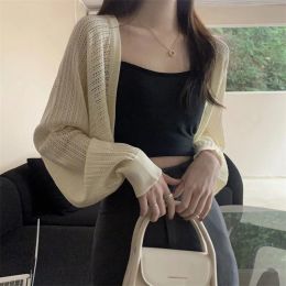 Cardigans Rimocy Sunscreen Crop Knit Cardigan Women Korean Style Solid Colour Thin Cardigan Coat Woman Simple Long Sleeve Smock Top Ladies