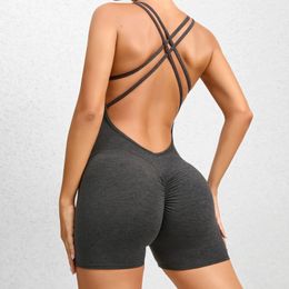 Sexy Backless Scrunch Sporty Tight Jumpsuit Raises Butt Playsuit Women Romper Summer Gym Fitness Short Overalls s Set 240220