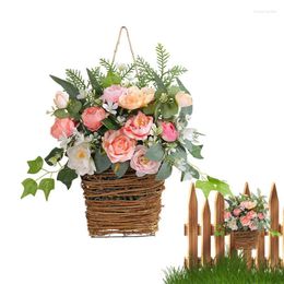 Decorative Flowers Front Door Flower Basket Artificial Spring Wreath Welcome Sign Seasonal Hangable Garland Home