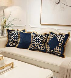 Luxury Embroidered Cushion Covers Velvet Tassels Pillow Case 4545cm Home Decorative European Sofa Car Throw Pillows Blue Brown6709454