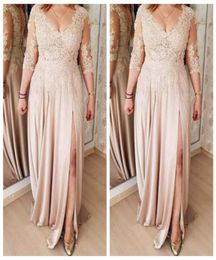 Plus Size Mother Of The Bride Dresses A line Champagne 34 Sleeves Chiffon Appliques Long Groom Mother Dresses For Weddings7696877