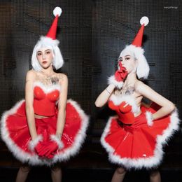 Stage Wear Christmas Festival Outfit Women Red Top Tutu Skirt Sexy Gogo Dancer Costumes Nightclub Performance Clothing XS7371