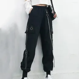 Women's Pants Women Cargo Harajuku Elastics High Waist Harem Punk Multi Pockets Chain Decor Jogger Trousers Hip Hop Streetwear