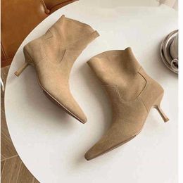 Thigh High Heel Women Boots Shoes Winter Leather South Korea Short Womens Autumn Single Martin Apricot Pointed French Stilettos Bare
