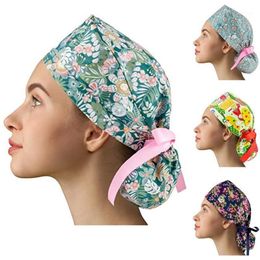 Beanie Skull Caps Women Scrubs With Button Ultra-thin Breathable Cartoon Printed Adjustable Hats Reuseable Bouffant Accessories R2238V