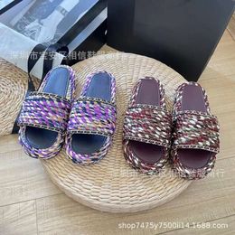 Slippers High Version c Family Small Fragrant Style Knitted Straw Woven Thick Sole Flip Flops for Women Wearing Casual and Versatile Flat Bottomed Sandals