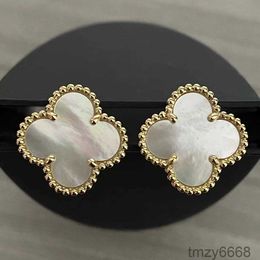 Designer Earring Clover Studs Ear Clip Mother of Pearl Mid Size 1.5cm Ladies Sterling Silver Ring for Women Hdjs FBCX