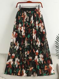 Skirts 2024 Floral Print Pleated Skirt For Women Spring Summer Vintage Chiffon A Line High Waist Midi Long Beach Female