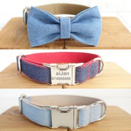 Collars Small Medium Large Dogs Puppy Personalised Dog Collar Name ID Tag Engraved Adjustable Jean Nylon Necklace Collar with Bowknot