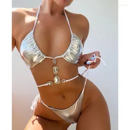 Women's Swimwear Silver Sexy Bikinis Swimsuit With Rhinestones Women Female Push Up Bikini Beach Swim Wear Bathing Suit Pool Bather 2024