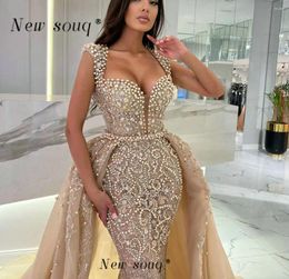 Party Dresses Champagne Two Pieces Mermaid Evening Covered With Pearls Crystals Arabic Formal Overskirts Weddig Dinner Gowns