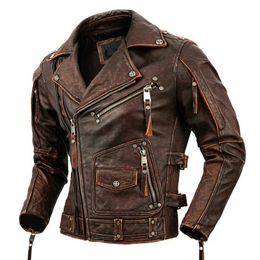 Motorcycle Cowhide Genuine Leather Jacket Men Slim Stone Milled Retro Jacket Calfskin Leather Coat Men Moto Biker Riding Clothes 240228