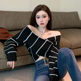 Pullovers Elegant Korean Knitted Sweaters Women Sexy Pullover Cross V Neck Off Shoulder Black White Striped Slim Irregular Crop Top 2023