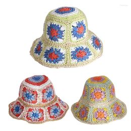 Berets Hand Knit Boho Hollow Out Hat Bucket Flower Colour Matching Fisherman