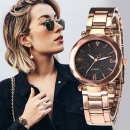 Relógios femininos céu estrelado dial relógio personalidade de luxo romântico rosa pulseira de ouro senhoras relógio de pulso235l