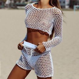 Fish Net Bikini Cover-ups Sexy See-through Two Pieces Beach Wear Women Short Suits Sarongs215b