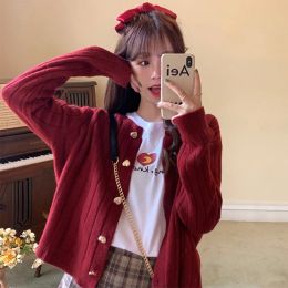 Cardigans Kawaii Woman Sweaters Knitted Cardigan 2020 Winter Korean Fashion Cute Heart Buttons Long Sleeve Burgundy Red White Sweater Tops